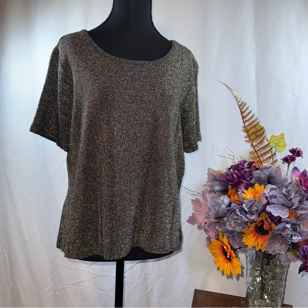 Source Unknown Metallic Shimmer Knit Top Short Sleeve Party Holiday Blouse Relax